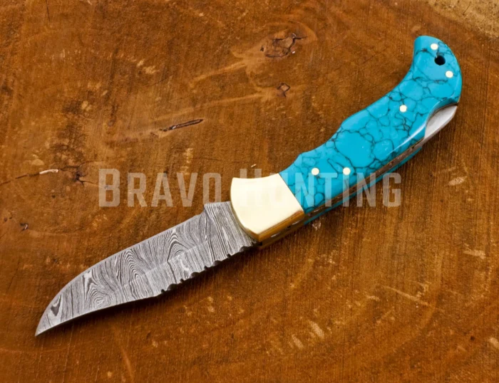 Damascus Steel Pocket Knife Turquoise Stone