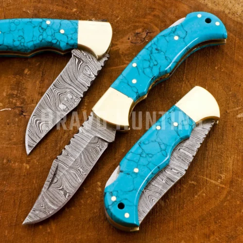 Damascus Steel Pocket Knife Turquoise Stone