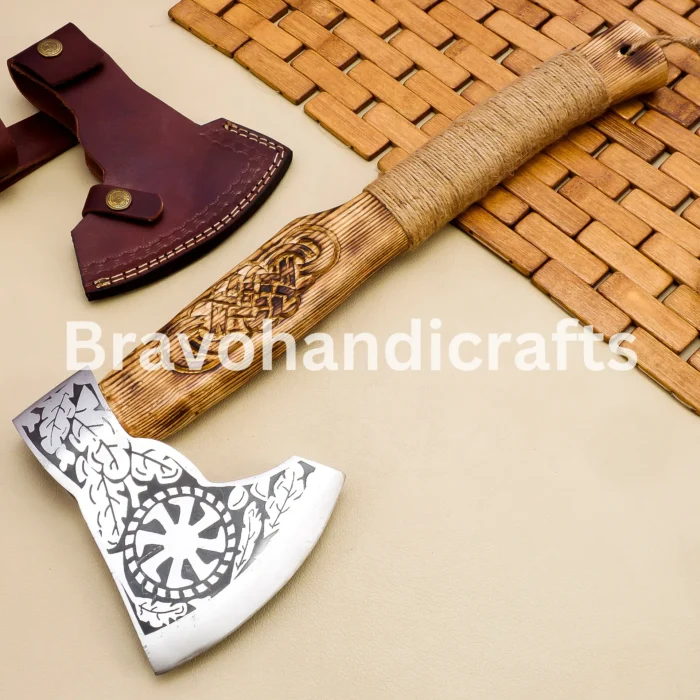 Handmade Rare Art Carbon Steel Blade Viking Throwing Axe - Carved Ashwood Handle00002