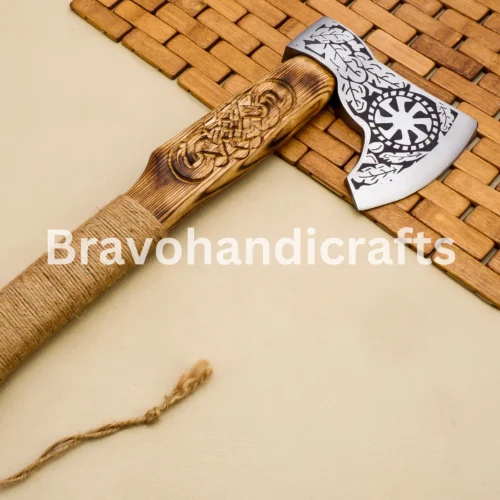 Handmade Rare Art Carbon Steel Blade Viking Throwing Axe - Carved Ashwood Handle00002