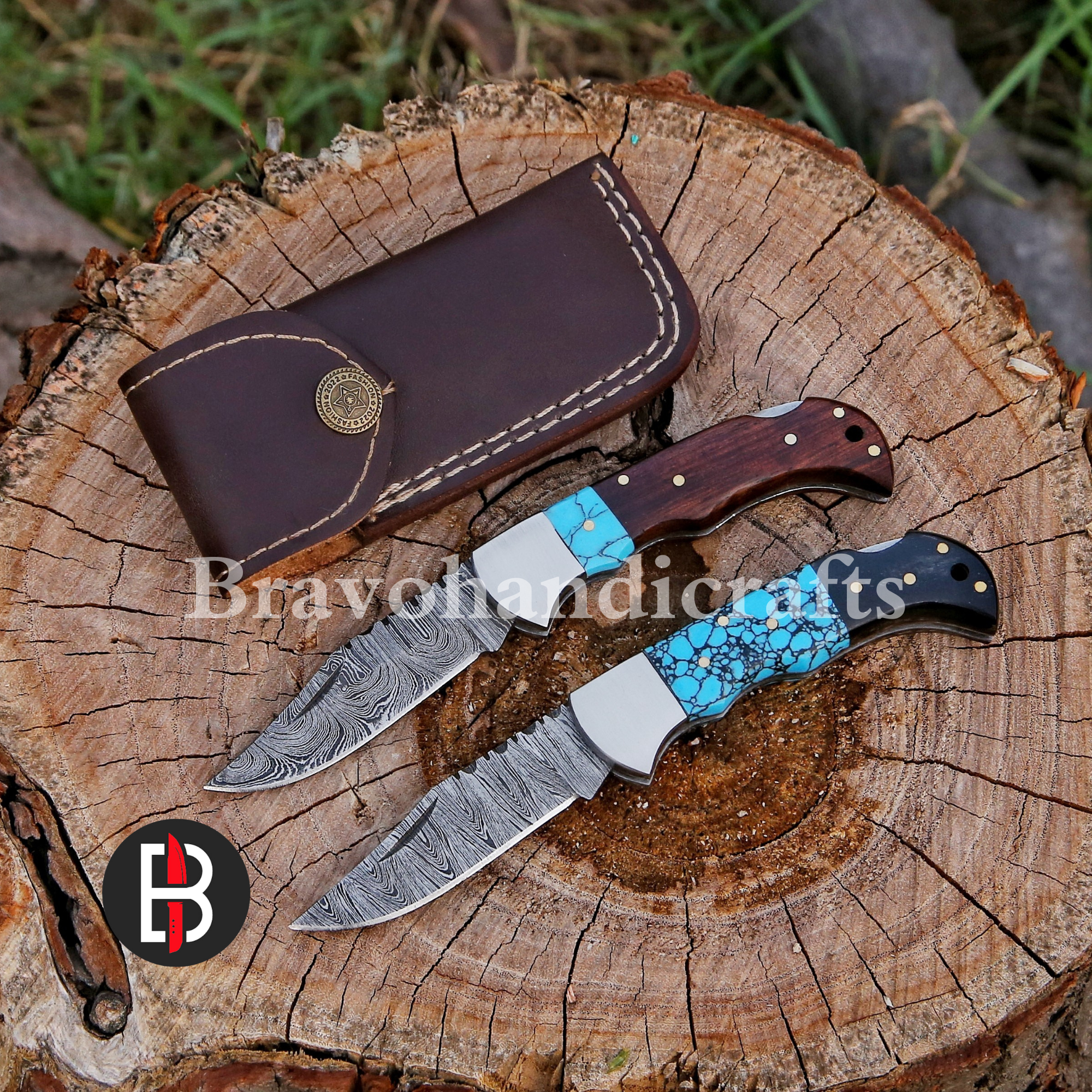 Damascus Steel Folding Pocket Knife, Turquoise Gemstone 00008