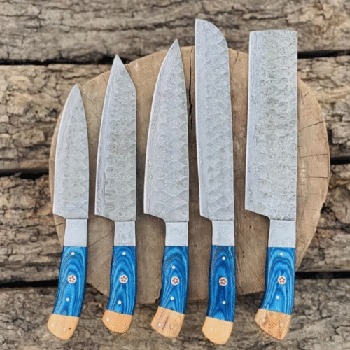 CUSTOM HANDMADE DAMASCUS STEEL RESIN HANDLE KITCHEN CHEF KNIFE SET WITH ROLL BAG