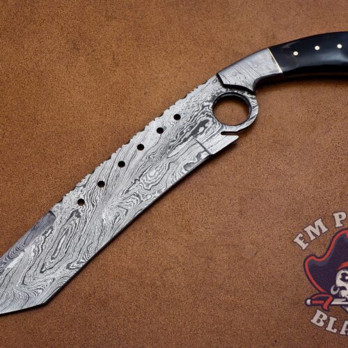 Damascus Steel Pistol Shape Knife 12" Bull Horn Handle & Damascus Bolster.