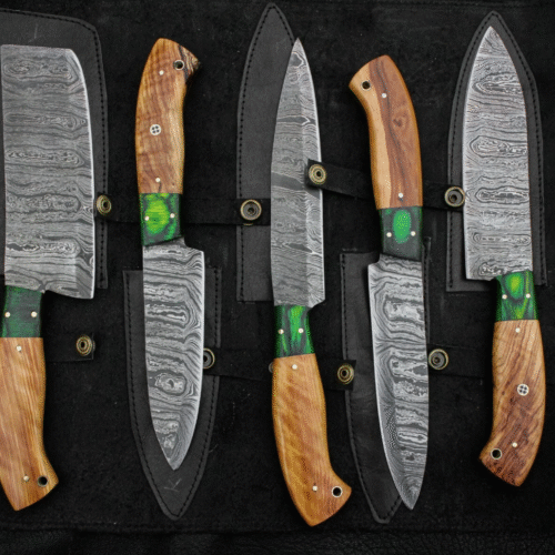 Custom Handmade Damascus Steel Kitchen Chef Outdoor BBQ Knives Set with Bag