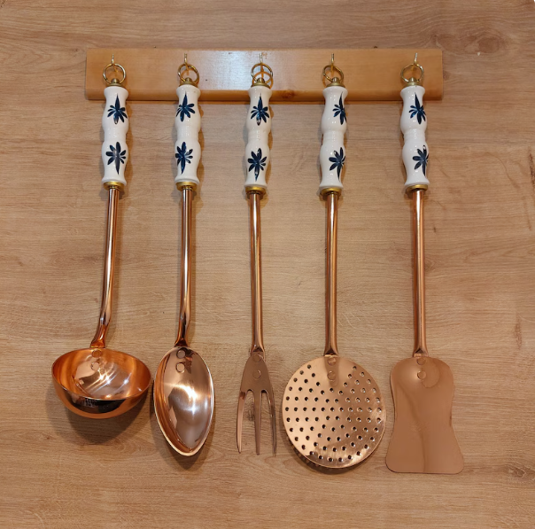 Copper Kitchen Utensil Set Of 5 With Holder