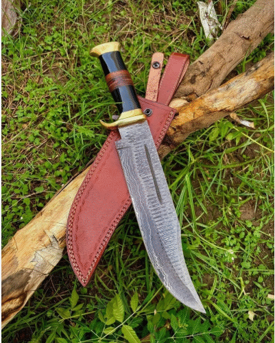 Crocodile Dundee Bowie Knife, Damascus Steel Blade, Premium leather Sheath, Gift