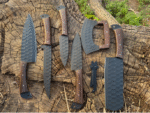 Premium Handmade Damascus Steel Chef  Knife Set Hand Forged Damascus Knives ITEM SPECIFICATION  First Pairing    ; Blade 5'' & Handle 4'' Bread Knife     ; Blade 7'' & Handle 5'' Utility Knife     ; Blade 6'' & Handle  5'' Chef Knife       ; Blade 8'' & Handle   5'' Cleaver Knife  ; Blade 7'' & Handle    5''