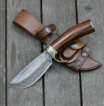 Damascus Steel Hunting Bowie Knife with Leather Sheath