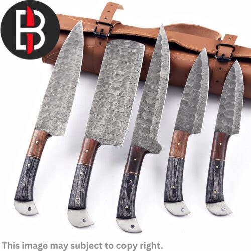Damascus Steel Chef Set Hand forged black and brown handle kitchen knife tool 1-2