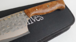 Maple Burl custom Damascus chef knife, VG10 kitchen knife, 8-inch chef knife, 28-layer Damascus blade, brass copper Damascus knife, Saji-style satin etched knife, handmade knife Canada, luxury kitchen knife, custom chef knife, professional chef knife