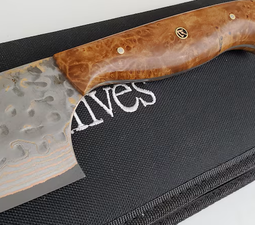 Maple Burl custom Damascus chef knife, VG10 kitchen knife, 8-inch chef knife, 28-layer Damascus blade, brass copper Damascus knife, Saji-style satin etched knife, handmade knife Canada, luxury kitchen knife, custom chef knife, professional chef knife