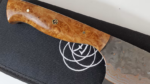 Maple Burl custom Damascus chef knife, VG10 kitchen knife, 8-inch chef knife, 28-layer Damascus blade, brass copper Damascus knife, Saji-style satin etched knife, handmade knife Canada, luxury kitchen knife, custom chef knife, professional chef knife