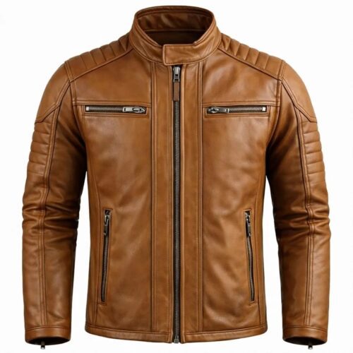 Handmade Tan Leather Biker Jacket